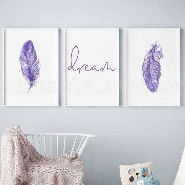 Purple decor,Set of 3 Prints,Bedroom wall art,Feathers print,Nursery decor girl,Bedroom set of 3,Above bed print,Bedroom Sign,Dream wall art