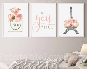 Fashion wall decor,Paris decor,Paris wall art,Beyoutiful wall art,Perfume bottle print,Set of 3 bedroom,Nursery wall art,Paris theme nursery