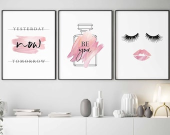 Eyelash decor,Makeup art,Rose gold room decor,Perfume Bottle Print,Set of 3 prints,Bedroom Wall Decor,Pink wall art,Printable wall art,Beyou