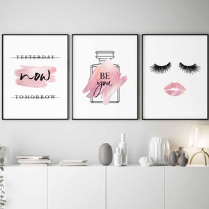 Eyelash decor,Makeup art,Rose gold room decor,Perfume Bottle Print,Set of 3 prints,Bedroom Wall Decor,Pink wall art,Printable wall art,Beyou image 1