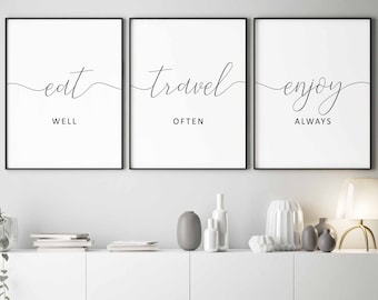 Eat well travel often sign,Eat well travel often sign,Set of 3 prints,Travel often decor,Enjoy always,Typography prints,Calligraphy print