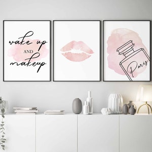 Décor blush, Art de mur de chambre à coucher, réveillez-vous et maquillage, impressions de maquillage, décor de Paris, Lips, décor de mur de chambre à coucher de filles, imprime pour des filles, art de bouteille de parfum