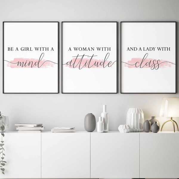 Prints for bedroom,Bedroom wall decor,Girls bedroom wall art,Blush bedroom decor,Quotes for her,Be a girl with a mind,a woman with attitude