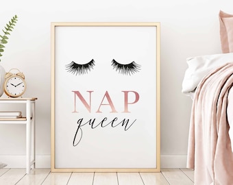 Nap queen,Bedroom wall art,Eyelash print,Queen of naps,Lashes Art,Beauty Print,Bedroom wall Decor,Rose Gold,Printable art,Pink wall art