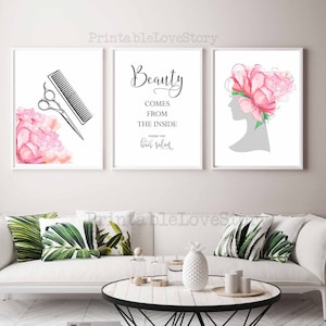 Hair salon wall art,Salon decor,Hair salon signs,Beauty salon decor,Scissors print,Hair stylist gift,Salon quotes,Woman hair flower,Pink art