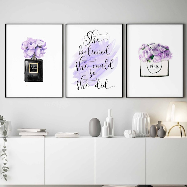 Fashion wall art,Purple bedroom decor,Purple wall art,She believed quote,Girls bedroom art,Set of 3 prints,Bedroom Wall Decor,Peony print