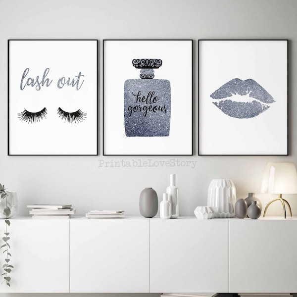 Silver wall decor,Silver bedroom prints,Makeup wall art,Silver prints,Lashes decor,Hello gorgeous sign,Fashion wall art,Perfume bottle,Lips