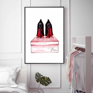 Schoenenposter, hoge hakken, mode kunst aan de muur, schoenen met rode onderkant, schoenen kunst aan de muur, mode print, wanddecoratie, mode illustratie, meisjes slaapkamer decor