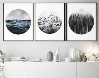 Set of 3 Landscape Art,Forest Ocean Mountain Printable,Set of 3 Nature Prints,Nature Printable,3 Piece Wall Art,Modern,Minimalist