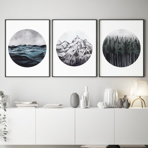 Set of 3 Landscape Art,Forest Ocean Mountain Printable,Set of 3 Nature Prints,Nature Printable,3 Piece Wall Art,Modern,Minimalist