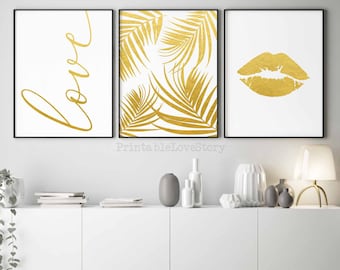 Gold bedroom decor,Gold foil print,Love poster,Set of 3,Fashion decor,Modern wall decor,Golden decor,Golden prints,Lips wall art,Palm leaves