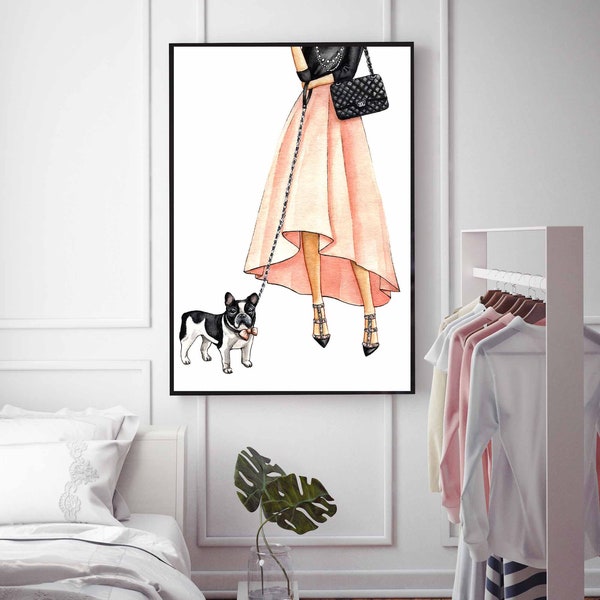 Fashion wall art,Fashion print,Fashion illustration,Fashion art,Fashion designer art,girl with a dog,Fashion sketch,Fashion bedroom art