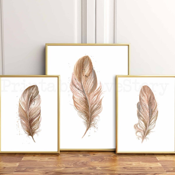 Feather print set, Feather Wall Art, set van 3 prints, woonkamer wand decor, Wall Art Prints, veren afdrukken, 3 veren print, printable Wall Art