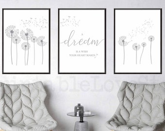 Dandelion Bedroom Prints, Set of 3, Dream Quote (Digital Download)