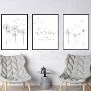 Dandelion wall art,A dream is a wish of your heart,Bedroom prints,Set of 3,Bedroom wall art,Dandelion printable,Above bed art prints,Decor