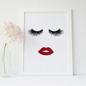 Lips & Lashes Makeup Print INSTANT Download Digital Printable Watercolor Wall Decor Art, eyelashes, eyelash, lash fashion print, red lips image 2