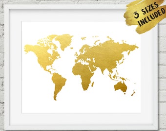 World Map Print,Gold Foil Map,Gold World Map,Gold Map Print,Map of the World,The Golden World Print,Faux foil Map,office decor,gold print