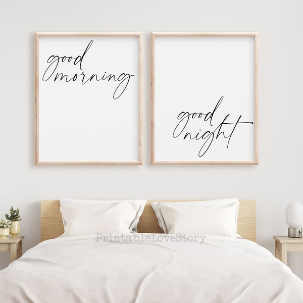 Bedroom wall art prints,Good morning good night printable,Over the bed prints,Master bedroom wall prints,Printable decor bedroom,Set of two