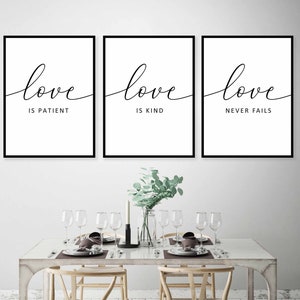 Love is patient,Love is patient love is kind,Set of 3 Prints,Love never fails,Bible Verse art,Wedding Art, Christian wall art, bedroom decor
