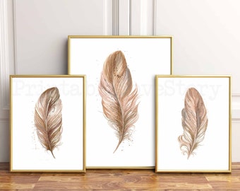Feather Print Set, Watercolor Feather Wall Art (Digital Download)