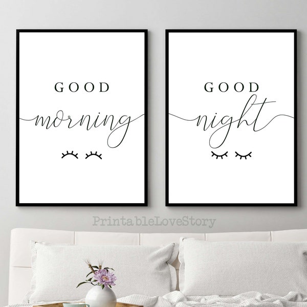 Good morning good night,Bedroom wall decor,Above bed prints,Above bed wall art,Over the bed quotes,Printable signs for bedroom,Prints set