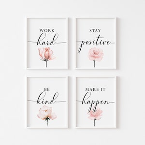 Office wall art,Printable office wall decor,Be kind Stay positive Work hard Make it happen,Office wall art,Set of 4 prints,Art for office