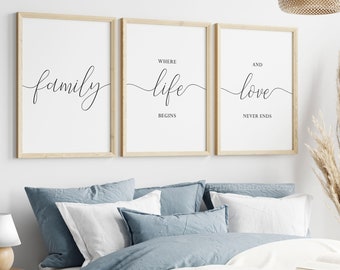 May include: Three framed prints with white backgrounds and black calligraphy. The prints read "family", "where life begins", and "and love never ends". The prints are hanging on a white wall above a bed with blue bedding.