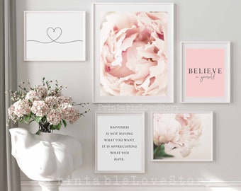 Blush Pink Peony Gallery Wall Art Print Set (Digital Download)