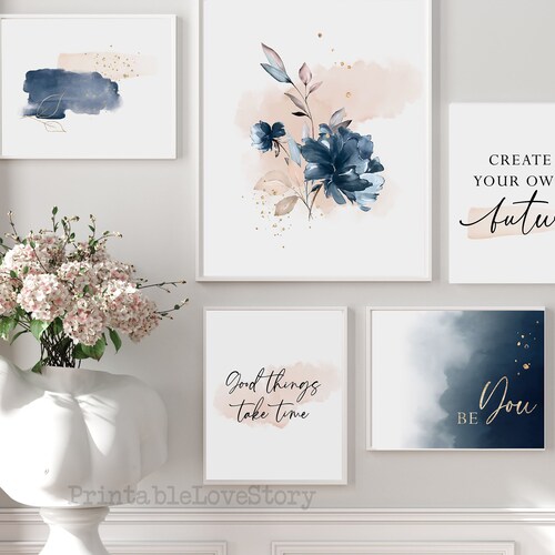 Abstract Navy Blue Wall Art Prints Set of 2 Prints Large Etsy