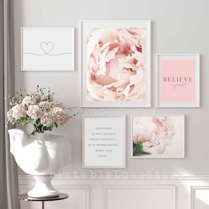 Gallery wall set,Bedroom gallery wall prints,Set of 5 prints,Pink bedroom decor,Blush wall art,Peony wall art,Peony print,Inspirational art