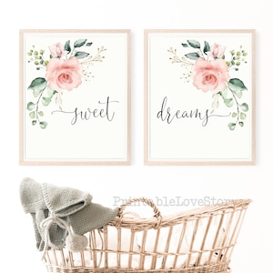 Sweet dreams sign,Bedroom wall art,Nursery wall decor,Above crib decor,Baby girl nursery,Above bed art,Bedroom prints,Blush nursery art set