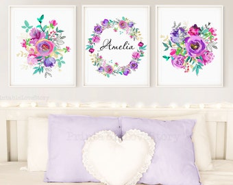 Nursery floral wall art,Name sign nursery,watercolor floral wall art,Floral nursery decor,Set of 3 nursery print pictures,Nursery decor girl