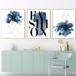 Fashion wall decor,Fashion prints,Salon decor,Indigo prints,Navy blue wall art,Navy blue bedroom prints,Bedroom wall art,Teen girl room art