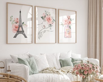 Konsttryckset med Eiffeltornet i Paris, rodnande rosa blomdekor (digital nedladdning)