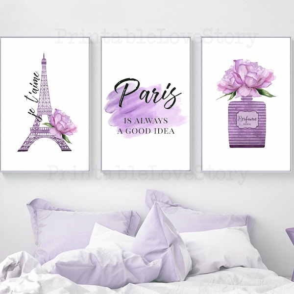 Fashion wall art,Paris is always a good idea,Purple decor,Perfume Print,Set of 3 prints,Bedroom Wall Decor,Je t'aime print,Paris print,Peony