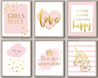 Nursery wall decor,Girls room decor,Pink gold nursery,Blush pink wall art,Bedroom wall art,Girls bedroom decor,Set of 6 nursery,Unicorn art