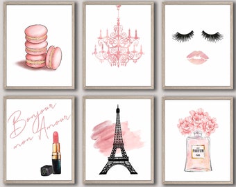 May include: Set of six pink and black watercolor illustrations with Parisian themes. The illustrations include macarons, a chandelier, eyelashes and lips, a lipstick, the Eiffel Tower, and a bottle of perfume with flowers.