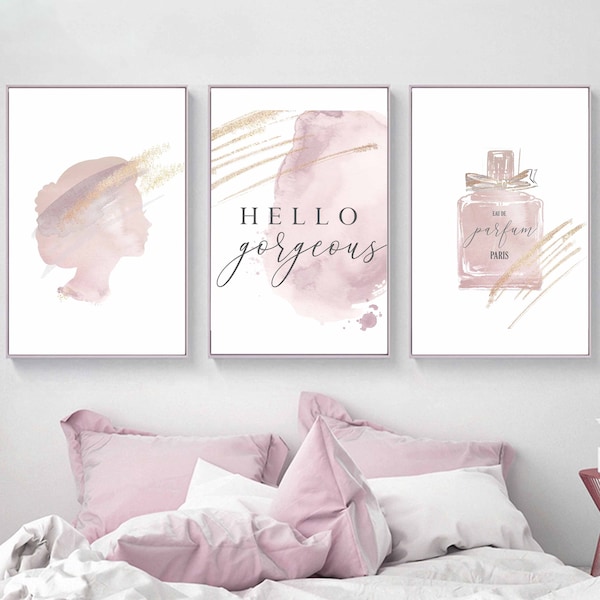 Impresiones artísticas de maquillaje en oro rosa, decoración de moda (descarga digital)