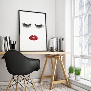 Lips & Lashes Makeup Print INSTANT Download Digital Printable Watercolor Wall Decor Art, eyelashes, eyelash, lash fashion print, red lips image 3