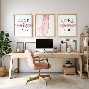 Home office decor,Office sweet office sign,Office blush decor,Good vibes only printable,Office wall art set,Fluid abstract art,Blush decor image 2