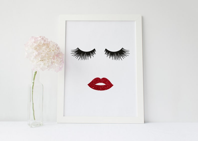 Lips & Lashes Makeup Print INSTANT Download Digital Printable Watercolor Wall Decor Art, eyelashes, eyelash, lash fashion print, red lips image 2