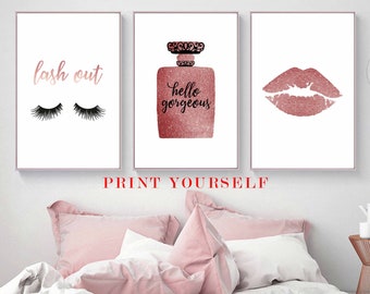 Rose gold decor,Makeup wall art,Lashes print,Pink bedroom wall decor,Hello gorgeous sign,Fashion posters,Lash out,lips printable,perfume art