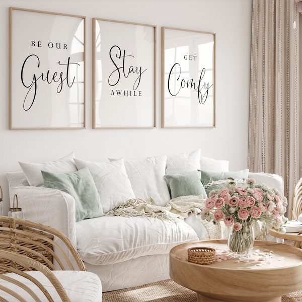 Stay awhile sign,Guest room wall art,Be our guest,Get comfy,Guest Room signs,Stay awhile printable,Guest room quote prints,Get comfy sign