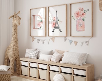 Paris Nursery Prints, Floral Monogram, Eiffel Tower Decor (Digital Download)
