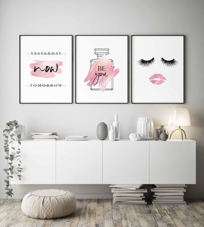 Eyelash decor,Makeup art,Rose gold room decor,Perfume Bottle Print,Set of 3 prints,Bedroom Wall Decor,Pink wall art,Printable wall art,Beyou image 1