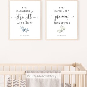 Nursery Bible Verse Printable,christian Nursery Wall Art,she is Clothed in Strength and Dignity ...