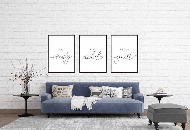 Get Comfy,Stay A While,Be Our Guest,Set of 3 Wall Art,Guest Room Decor,Be Our Guest Sign,Guest Room Signs,Guest Room Prints,Wedding Table image 3