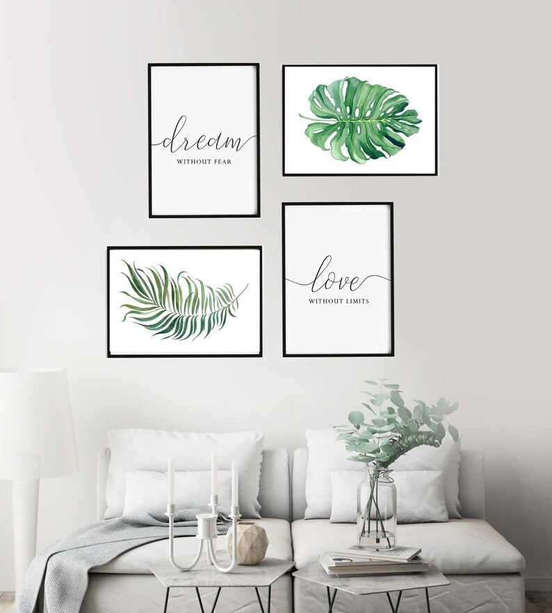 Set of 4 prints,Dream without fear Love without limits,Living Room Wall Decor,Gallery wall,Botanical prints,Tropical leaf,Printable wall art