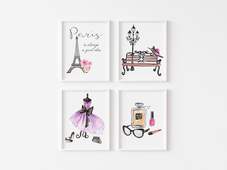 May include: Four framed prints with a Parisian theme. The first print features the Eiffel Tower with the text "Paris is always a good idea". The second print shows a bench with a street lamp and a hat. The third print shows a purple dress with black shoes and a purse. The fourth print shows a bottle of perfume, nail polish, lipstick, and glasses.