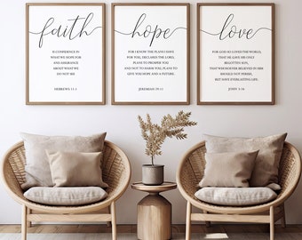 Faith Hope Love wall art,Bible verse wall art,Scripture signs,Scripture quote,Christian room decor,Hebrews 11,John 3,Jeremiah 29,Set of 3